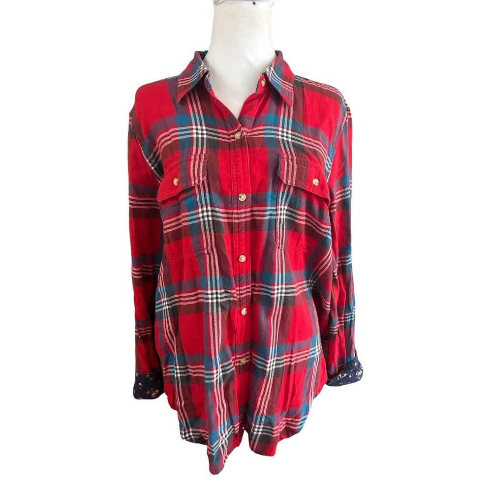 Chaps Women's Red Plaid Button-Up Shirt Floral Cuff Accent Size M